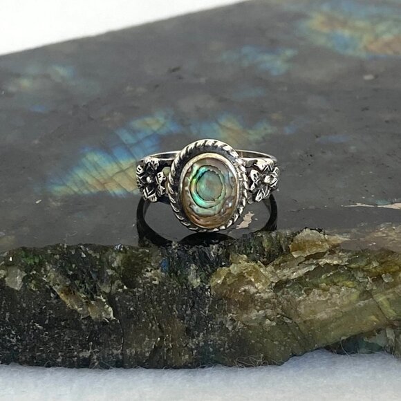 Sterling Silver 925 Bezel Set Oval Abalone Shell Floral Accent Ring Sz 3.75 - Picture 2 of 16